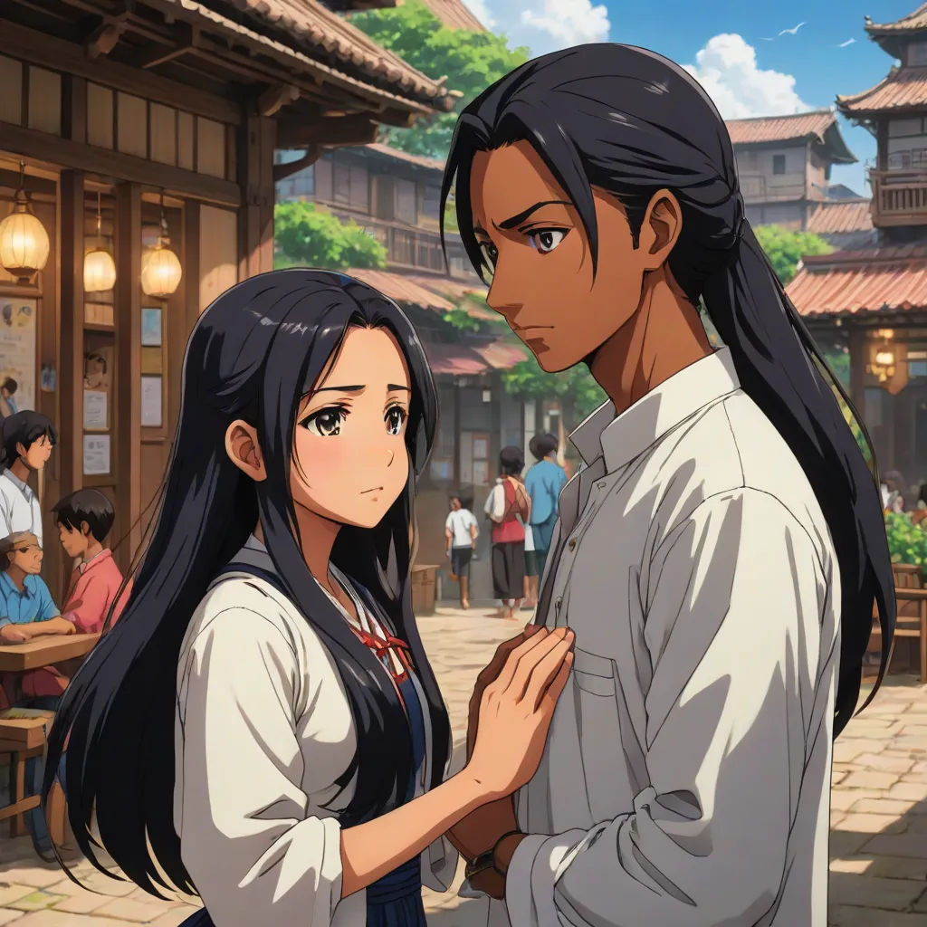 a man and a woman standing in front of a building with people in the background and a woman holding her hand, concept art, Ayako Rokkaku, rayonism, official art