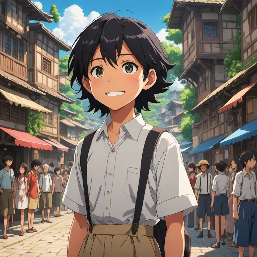 a young man standing in front of a crowd of people in a village with buildings and trees in the background, a detailed matte painting, Aguri Uchida, magical realism, ufotable