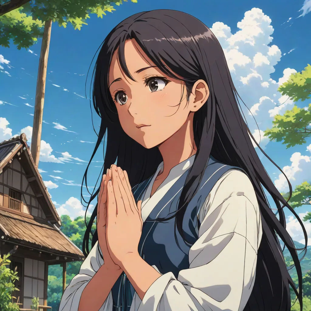 a woman in a white shirt and long black hair standing in front of a tree and building with her hands folded, a character portrait, Aguri Uchida, ukiyo-e, kyoto animation