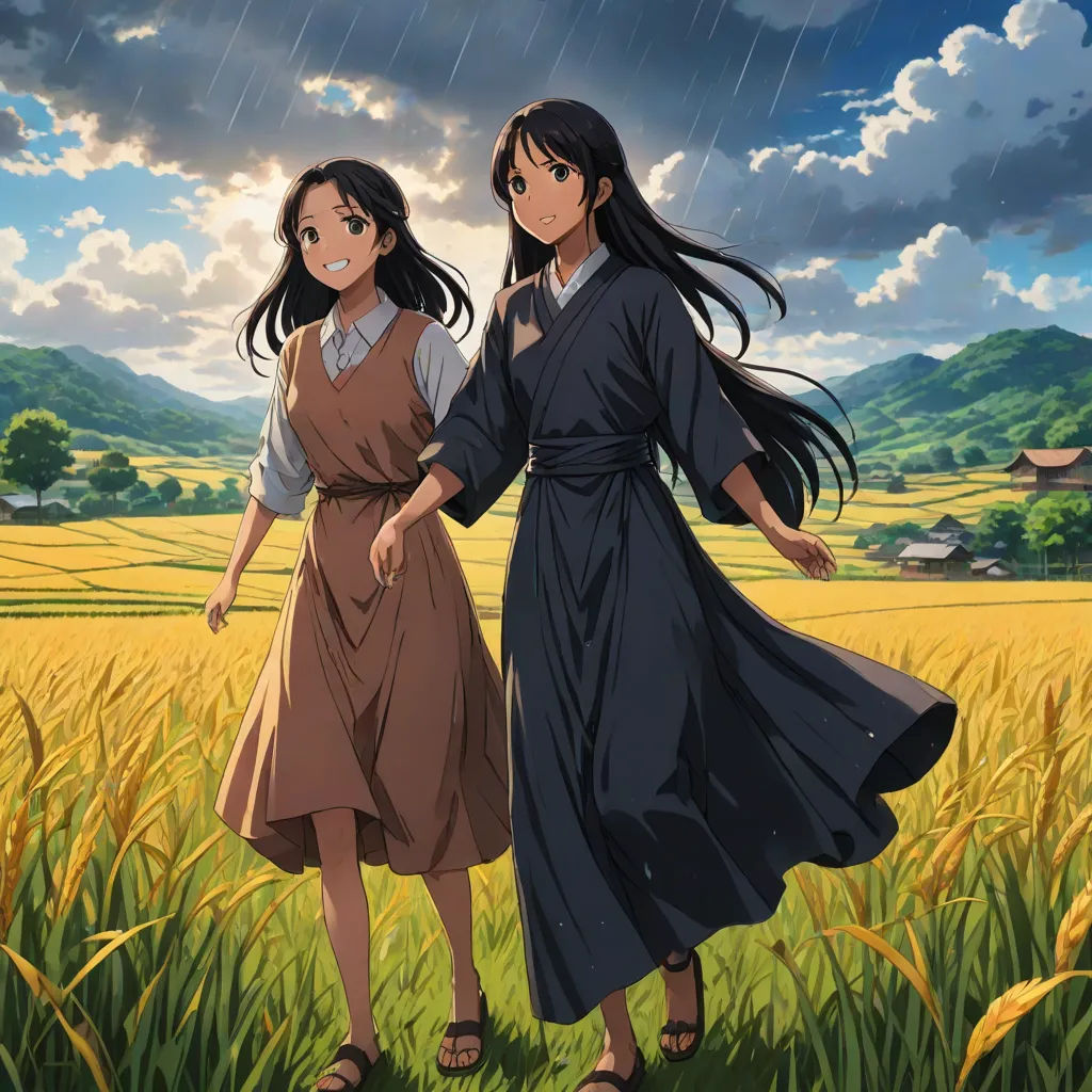 two young women walking in a field under a cloudy sky with a rain cloud in the background, with a field of wheat in the foreground, poster art, Aya Goda, synthetism, official art
