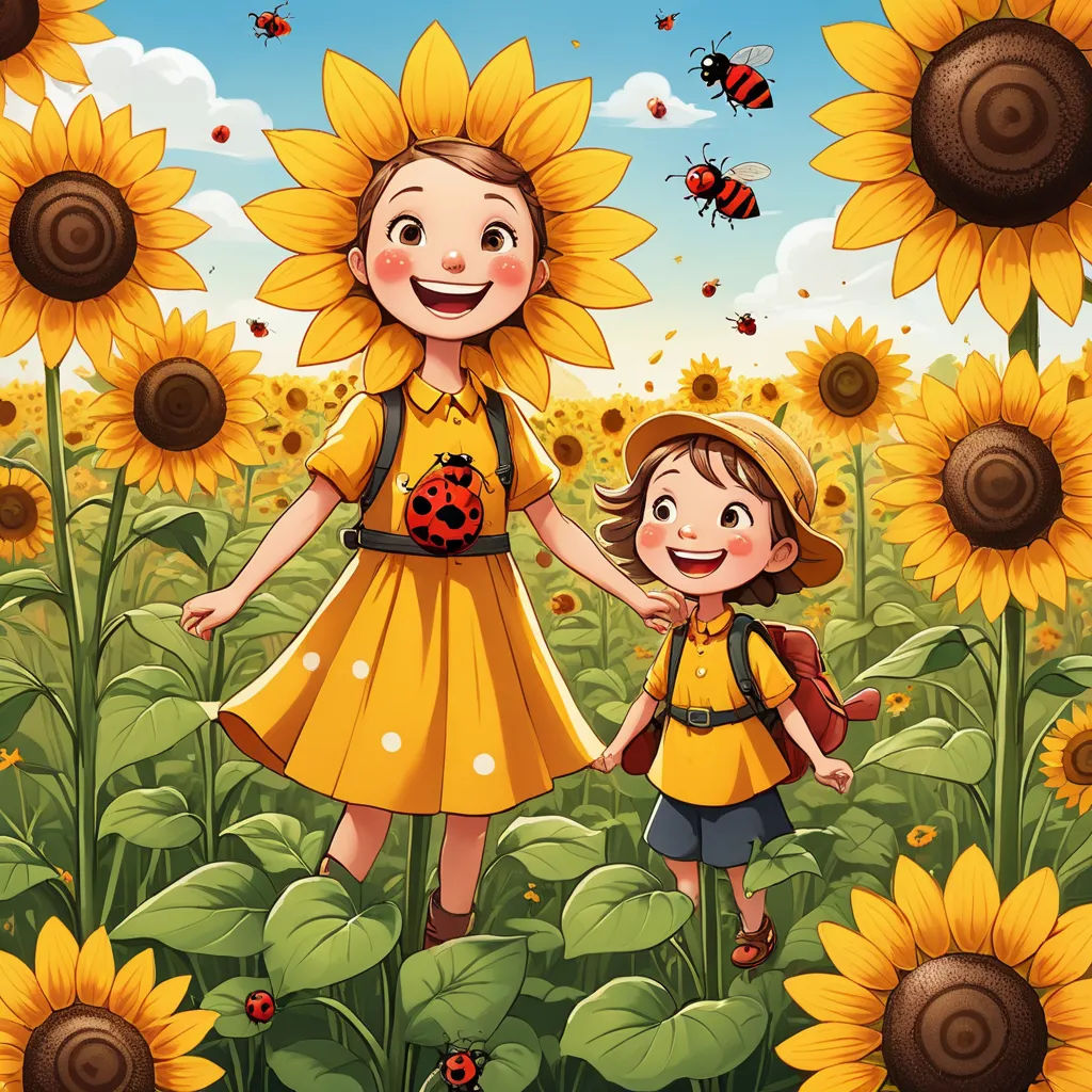 a mother and daughter are standing in a field of sunflowers with bees flying around them illustration by alex krawc, pop surrealism, a storybook illustration, Diego Gisbert Llorens, trending on art station