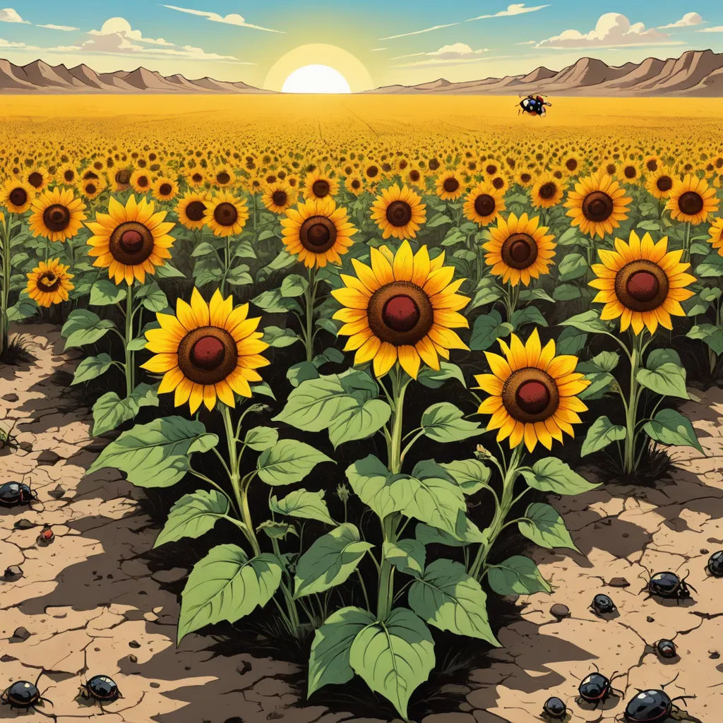 a painting of a sunflower field with a car in the distance and a person in the distance in the distance, environmental art, poster art, Dan Mumford, official art