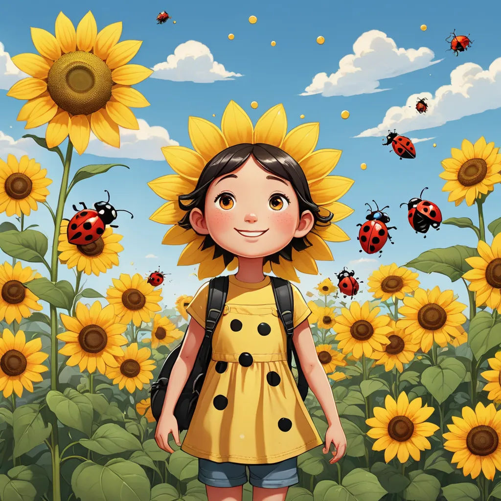 a girl standing in a field of sunflowers with a lady bug on her head and a lady bug on her shoulder, pop surrealism, a storybook illustration, Diego Gisbert Llorens, trending on art station