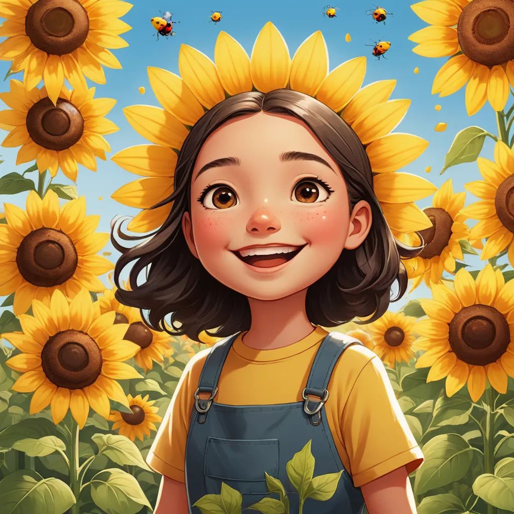a girl with a sunflower on her head in a field of sunflowers with bees flying around, fantasy art, a storybook illustration, Cliff Childs, trending on art station