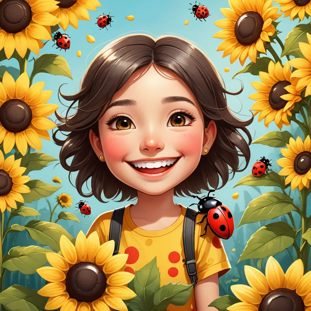a girl with a ladybug on her shoulder standing in a field of sunflowers with a ladybug on her shoulder, fantasy art, a storybook illustration, artist, cheerful