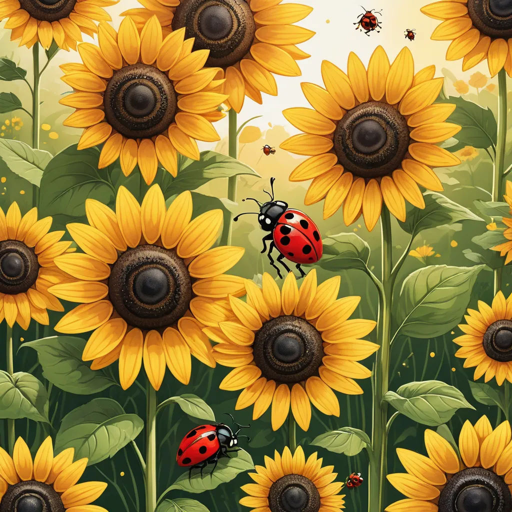 a painting of a ladybug on a sunflower field with bees flying around it and a ladybug on the flower, generative art, a storybook illustration, Chris LaBrooy, highly detailed digital painting