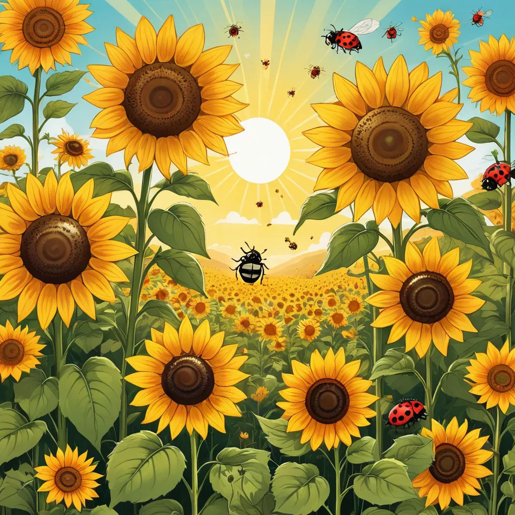 a sunflower field with a bee flying over it and a sunflower field in the background with a sunflower field and a bee flying over it, ecological art, a storybook illustration, David Martin, detailed illustration