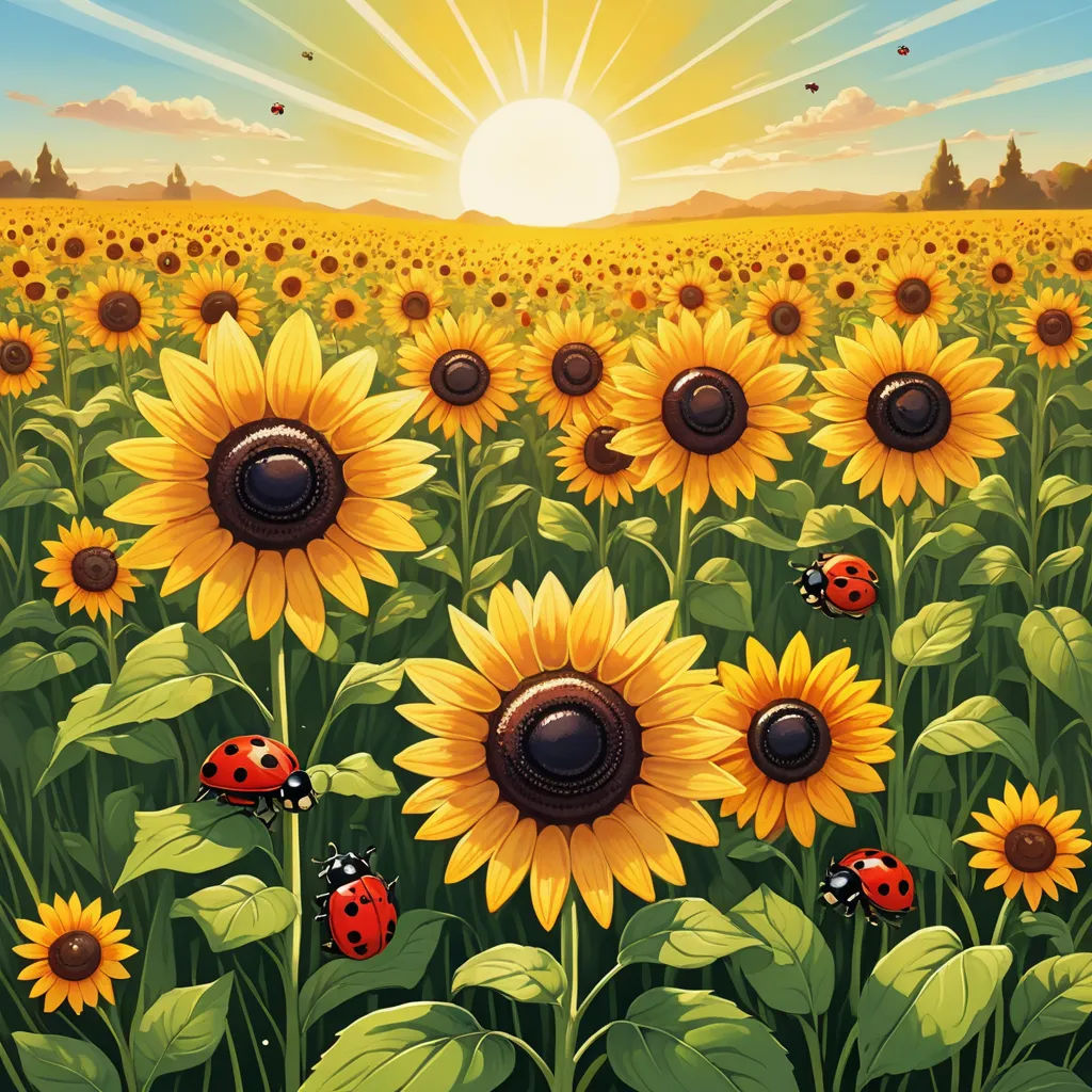 a field of sunflowers with a ladybug on the flower and a sun in the background, environmental art, poster art, Chris LaBrooy, sun
