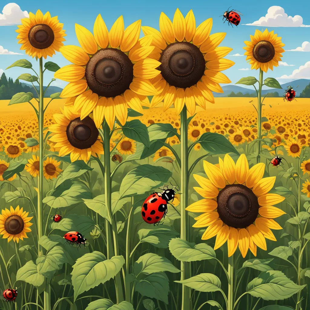 a field of sunflowers with a ladybug on the flower and a blue sky with clouds, ecological art, a storybook illustration, David Martin, behance hd