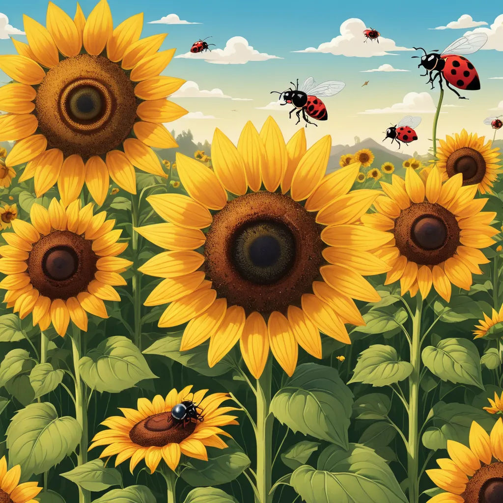 a field of sunflowers with a ladybug flying over them and a ladybug on the top of the sunflower, ecological art, a storybook illustration, Chris LaBrooy, highly detailed digital painting