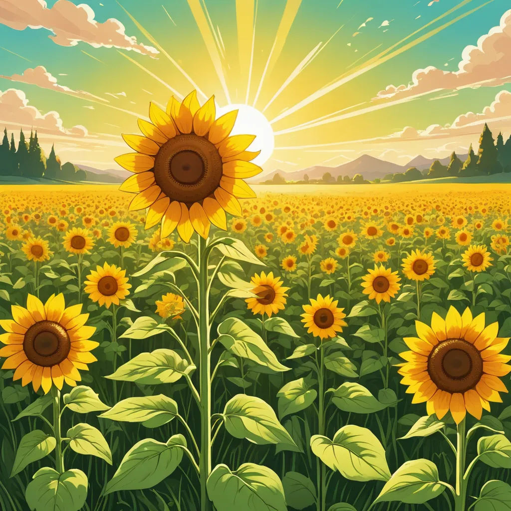 a sunflower field with a sky background and clouds in the background, with a sun shining over the horizon, environmental art, poster art, Dan Mumford, rossdraws global illumination