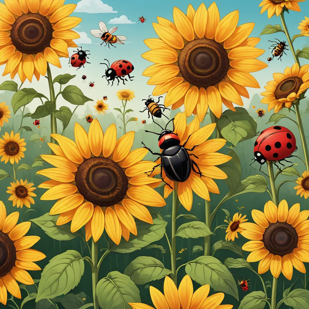 a field of sunflowers with a ladybug on the center of them and a few other bugs, ecological art, a storybook illustration, Chris LaBrooy, highly detailed digital art