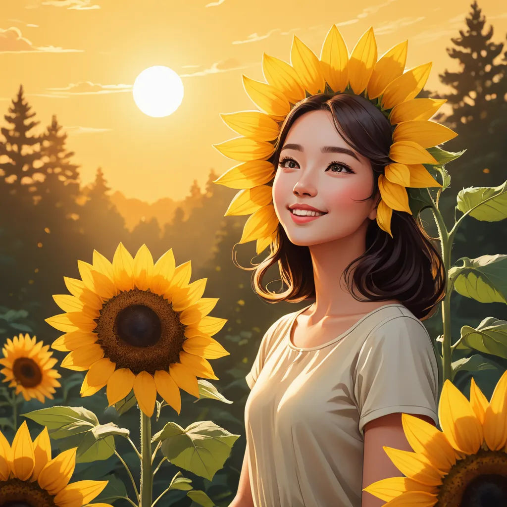 a woman standing in a field of sunflowers with a sun in the background and a forest in the foreground, fantasy art, a photorealistic painting, Artgerm, rossdraws global illumination