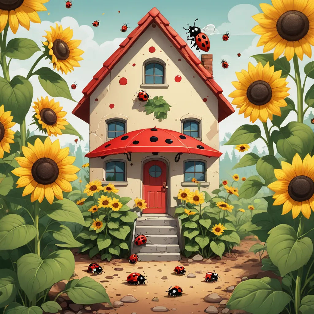 a house with a red umbrella in a field of sunflowers and a lady bug on the roof, pop surrealism, a storybook illustration, Chris LaBrooy, storybook illustration
