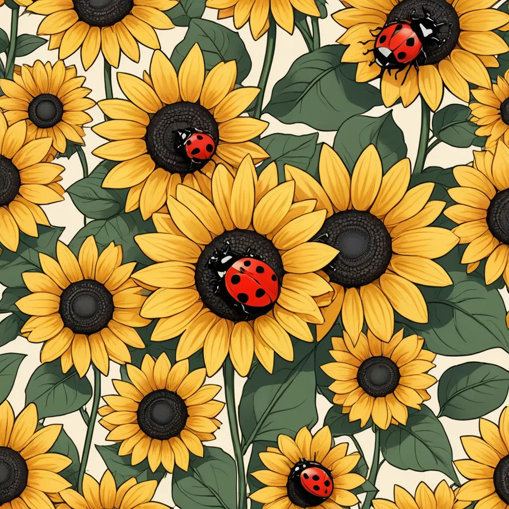 a lot of sunflowers with ladybugs on them seamless background pattern for wallpaper or fabric, generative art, a detailed drawing, Annabel Kidston, flowers
