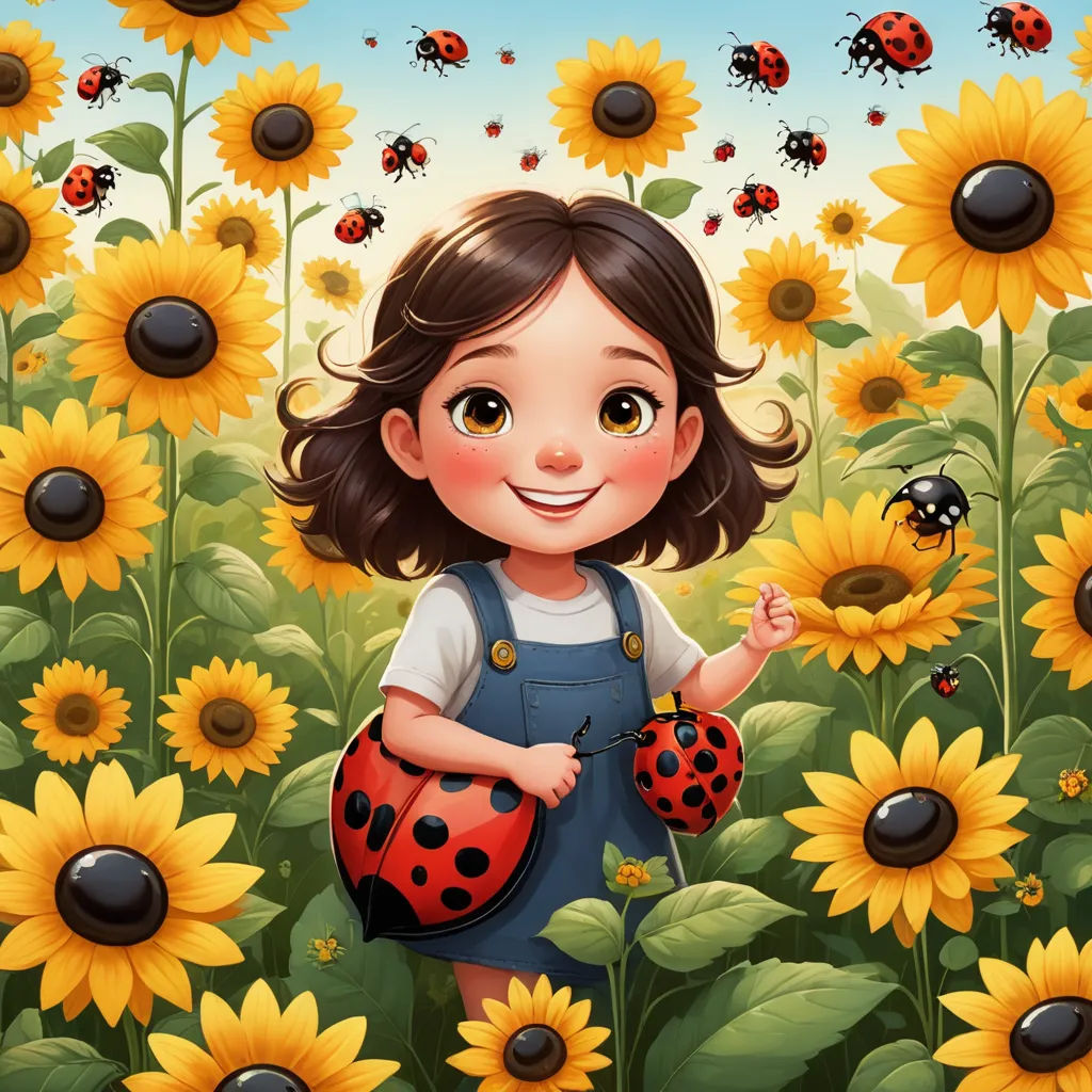 a little girl standing in a field of sunflowers with a lady bug on her hand and a lady bug on her shoulder, pop surrealism, a storybook illustration, Claire Hummel, trending on art station