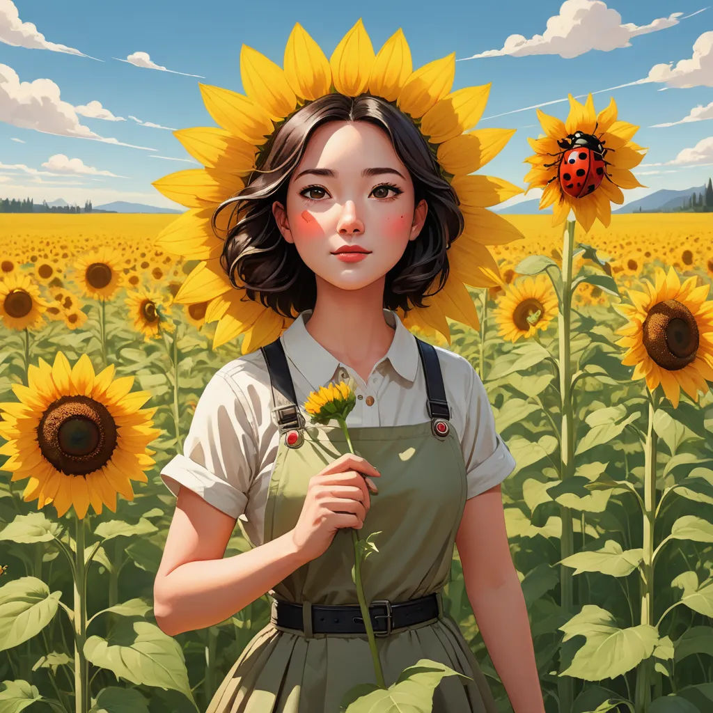 a woman standing in a field of sunflowers holding a flower in her hand and a lady bug on her shoulder, fantasy art, a storybook illustration, Audrey Kawasaki, rossdraws global illumination