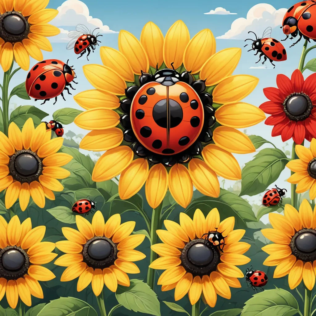a ladybug sitting on a sunflower surrounded by other ladybugs in a field of sunflowers, psychedelic art, a storybook illustration, Chris LaBrooy, highly detailed digital painting