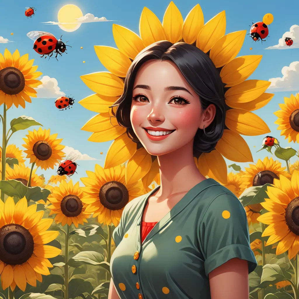 a woman with a sunflower on her head and a bunch of sunflowers in the background with a ladybug on her head, fantasy art, a character portrait, Colin Middleton, trending on art station