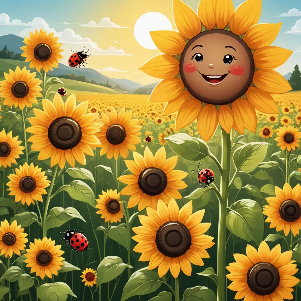 a sunflower field with a smiling face and ladybugs flying around it, with a blue sky and clouds, folk art, a storybook illustration, Elsa Beskow, sun