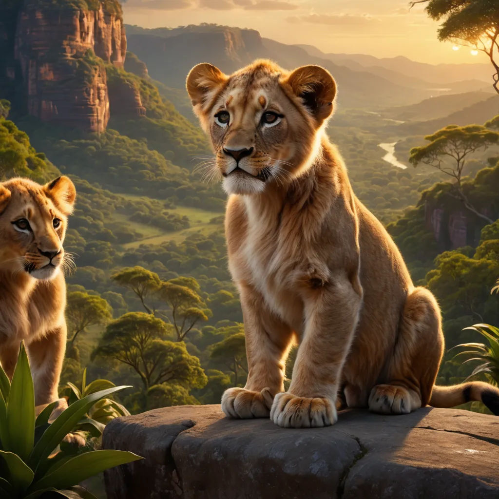a lion and a lion cub sitting on a rock in the jungle with a mountain background and trees in the background, furry art, a detailed matte painting, disney, official art