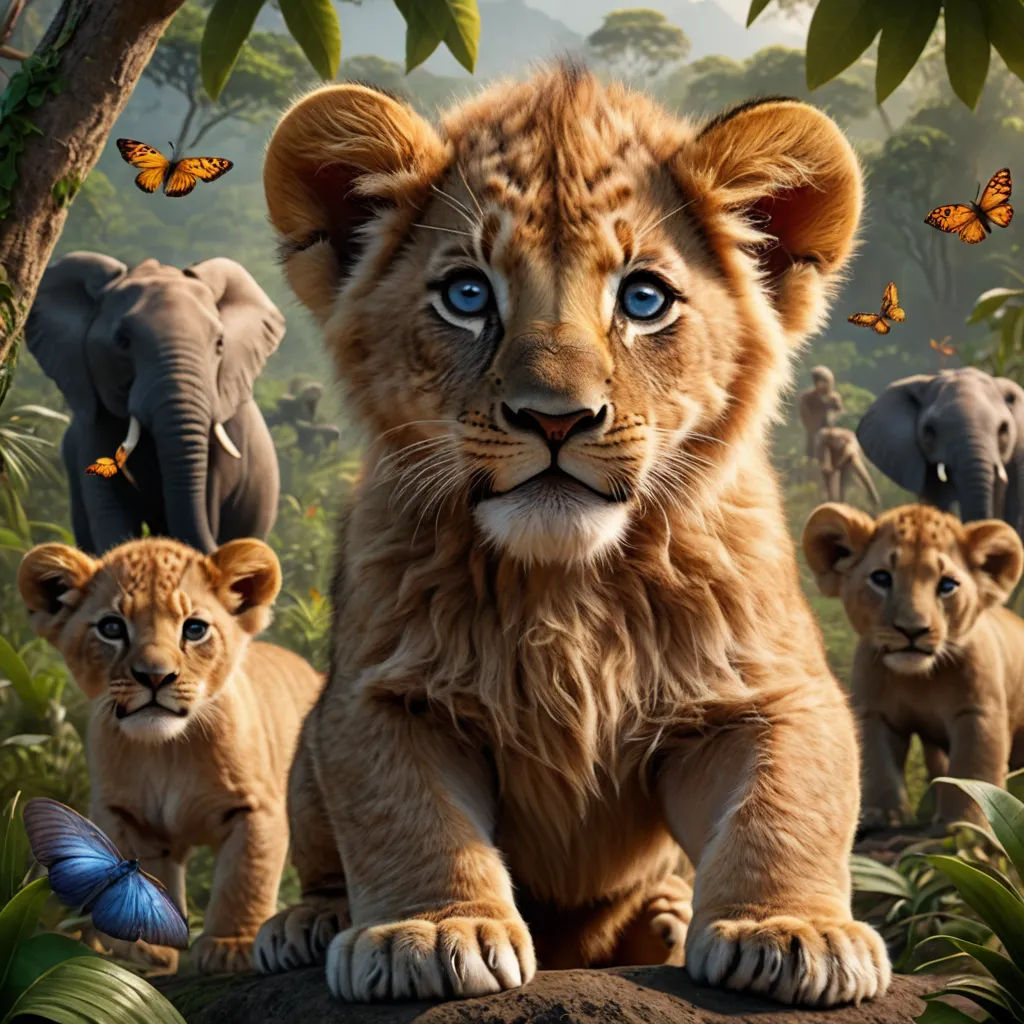 a lion cub sitting on a rock surrounded by other lions and butterflies in the jungle with butterflies flying around, furry art, a poster, Edward George Handel Lucas, promotional image