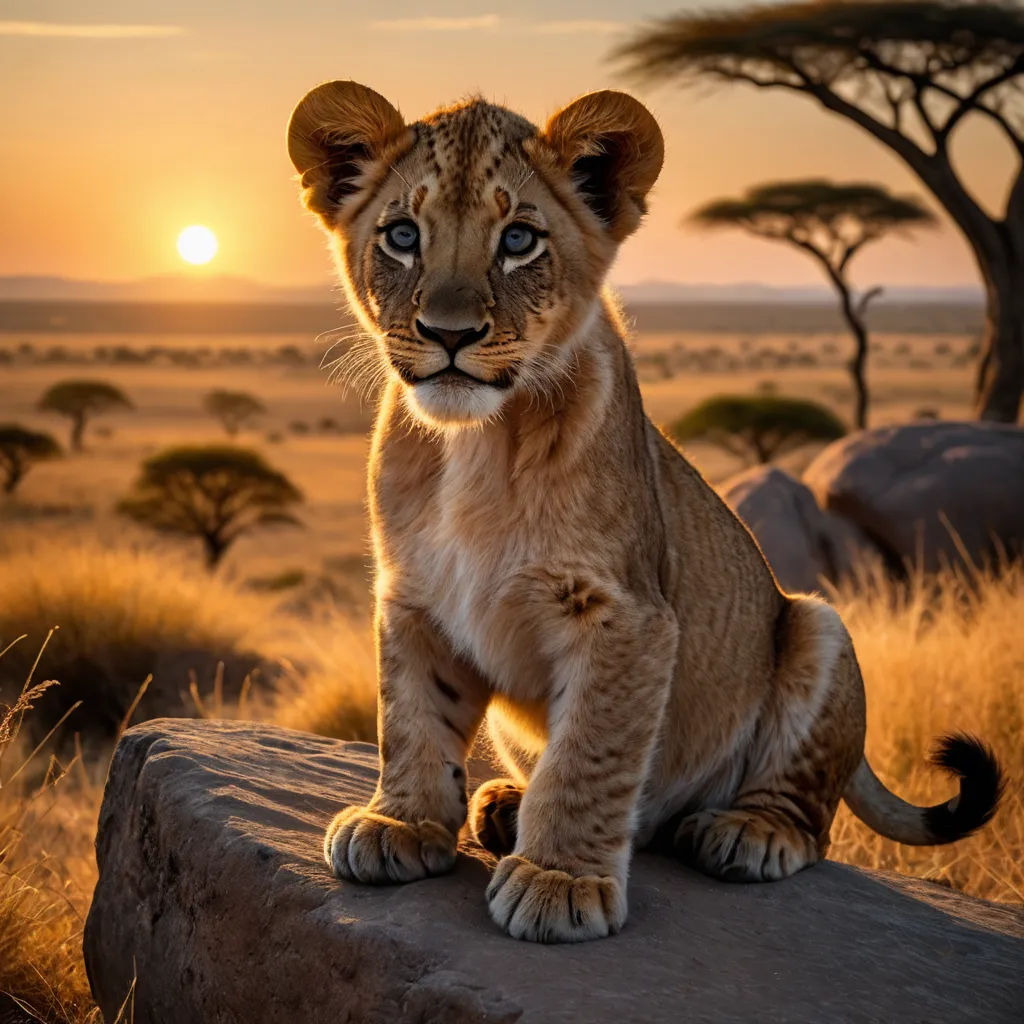 a young lion cub sitting on a rock in the wild at sunset with the sun in the background and a tree in the foreground, art photography, a photorealistic painting, Daniel Lieske, wildlife photography