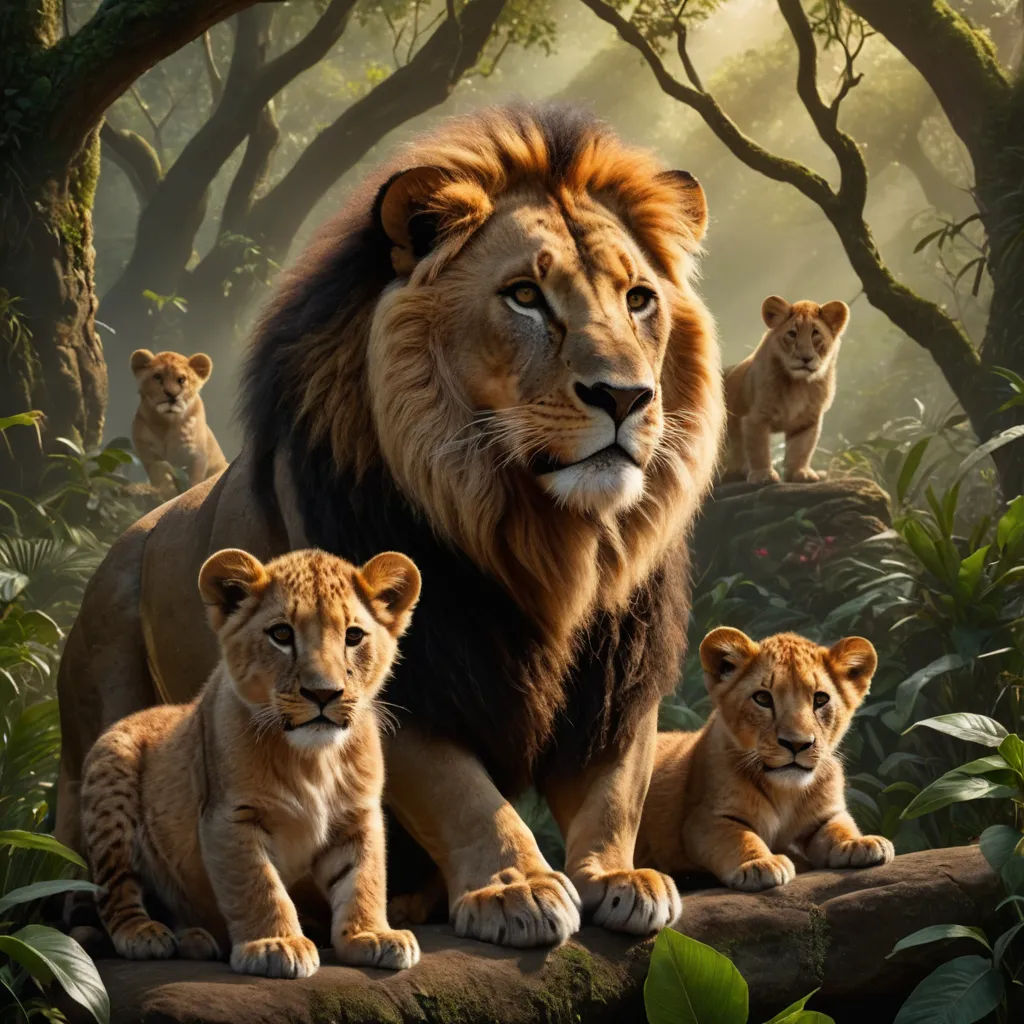 a lion family standing on a rock in the jungle with cubs looking on from behind it, with a backdrop of trees and foliage, sots art, a poster, disney, official art