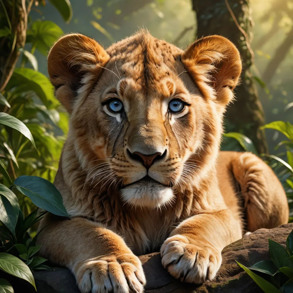 a lion cub with blue eyes laying on a rock in the jungle with greenery and trees in the background, photorealism, a poster, Edward George Handel Lucas, photoreal
