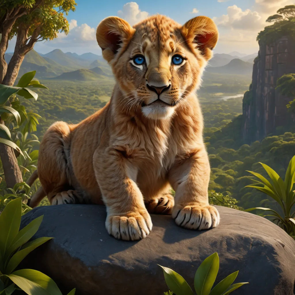 a lion cub sitting on a rock in the jungle with a mountain background and trees in the background, with blue eyes, furry art, a poster, Edward George Handel Lucas, promotional image