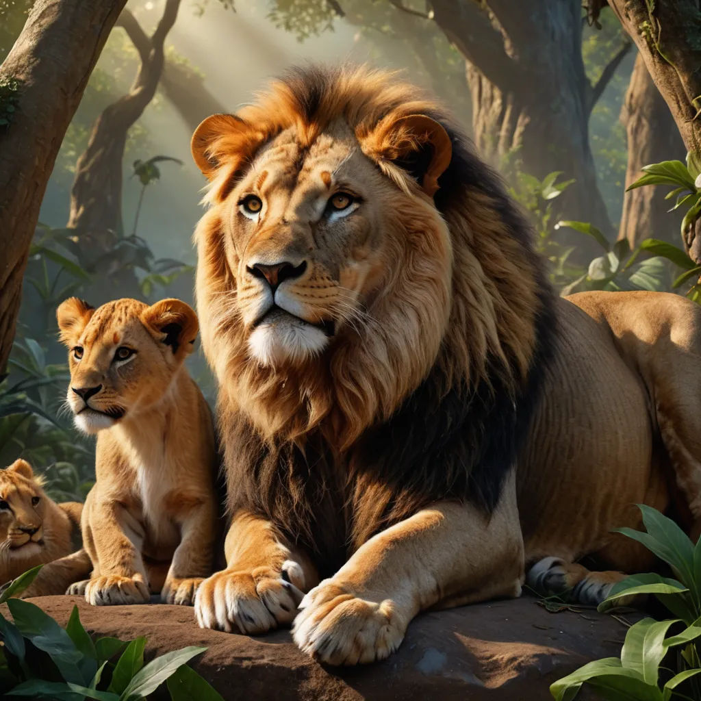 a lion and two cubs sitting on a rock in a jungle setting with sunlight streaming through the trees and foliage, furry art, a matte painting, Drew Struzan, promotional image