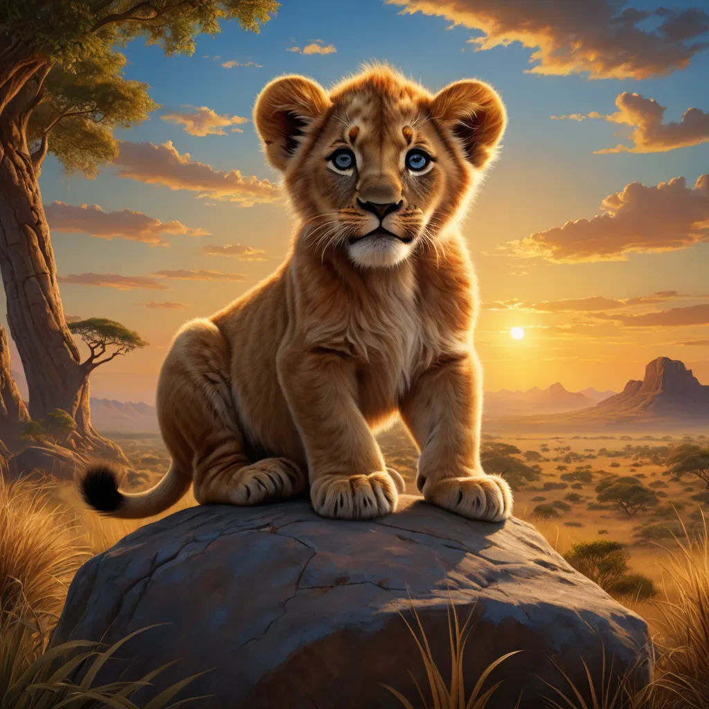 a lion cub sitting on a rock in the middle of a field at sunset with a tree in the background, photorealism, a digital painting, Chris LaBrooy, official art
