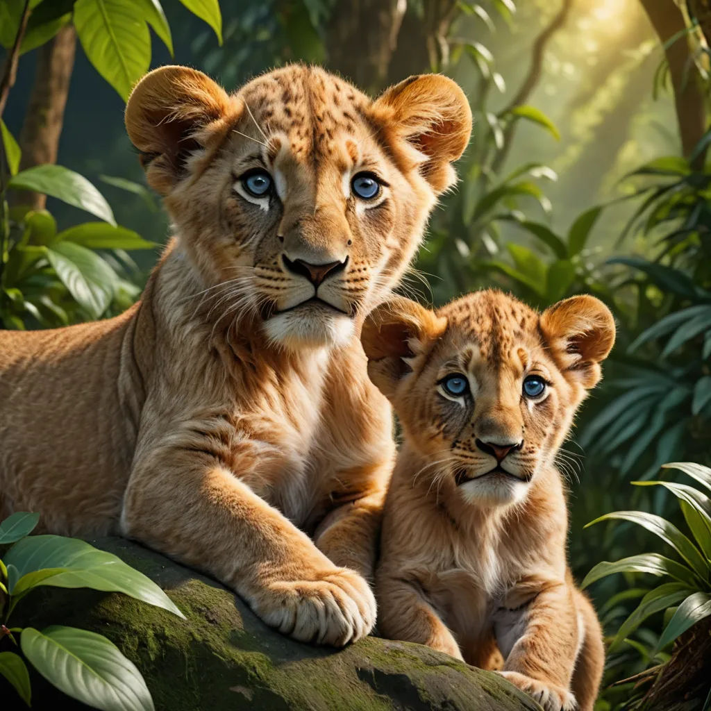 two young lions sitting on a rock in the jungle with green leaves and trees in the background, with blue eyes, rayonism, a poster, Edward George Handel Lucas, promotional image