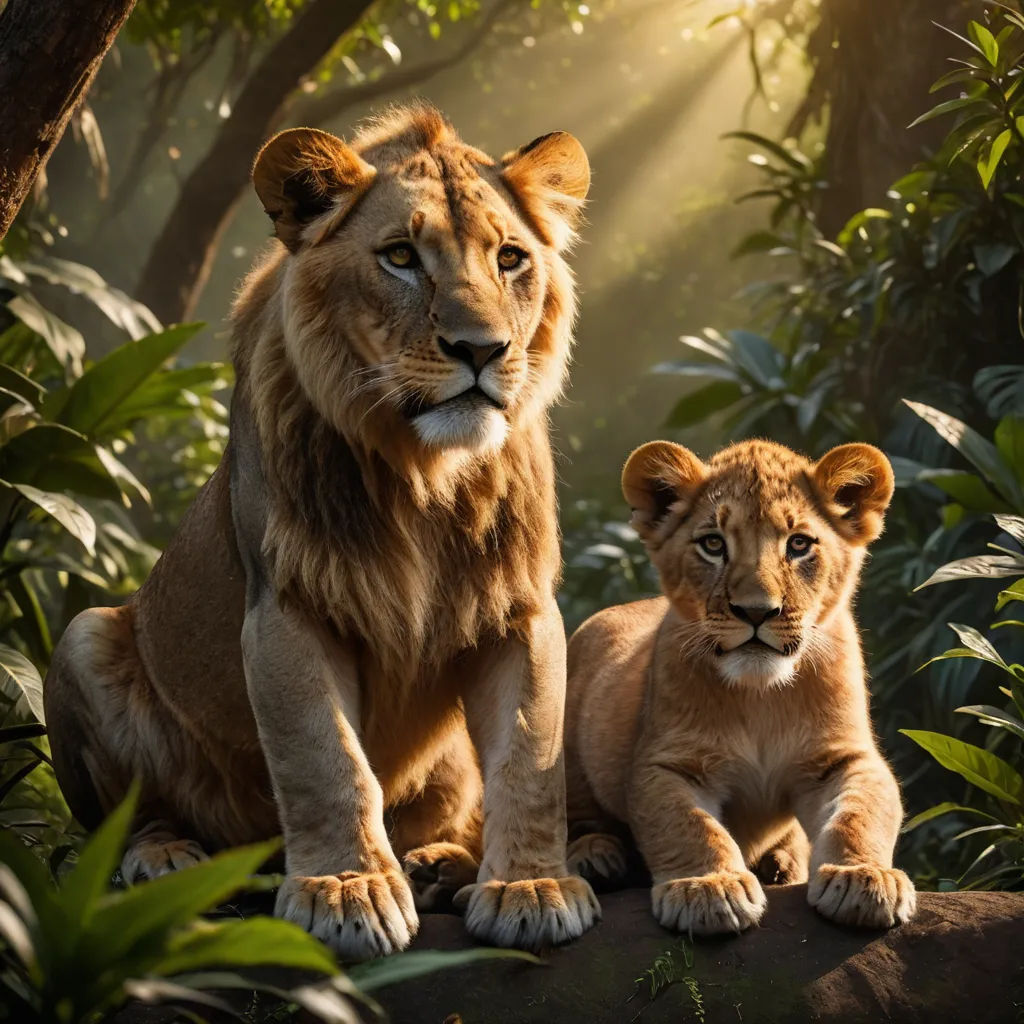 a lion and a cub sitting on a rock in the jungle with sunlight streaming through the trees behind them, rayonism, a detailed matte painting, disney, wildlife photography