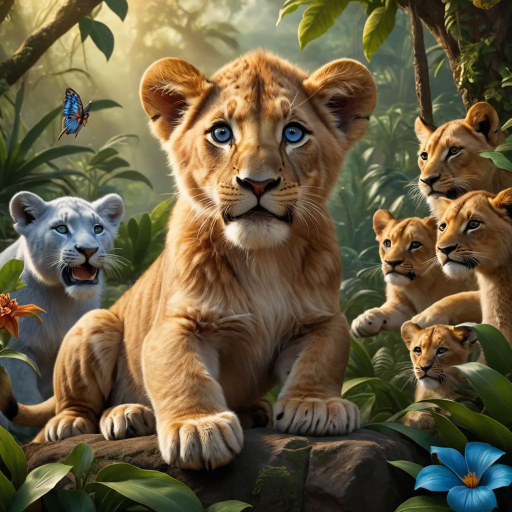 a group of lions sitting on top of a rock in the jungle with butterflies flying above them and a butterfly flying above them, furry art, a poster, Drew Struzan, official art
