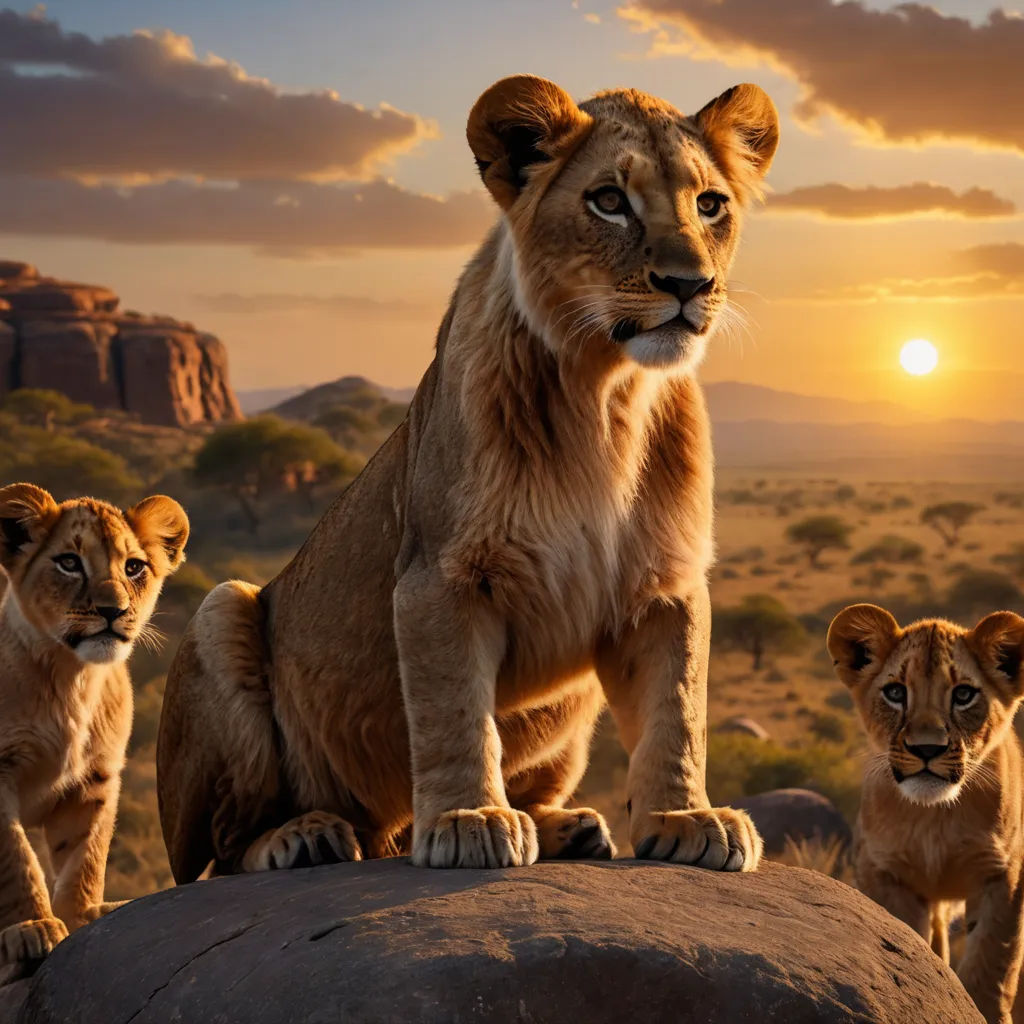a lion family standing on a rock in the wild at sunset with a mountain in the background and a setting sun, dau-al-set, a poster, disney, wildlife photography