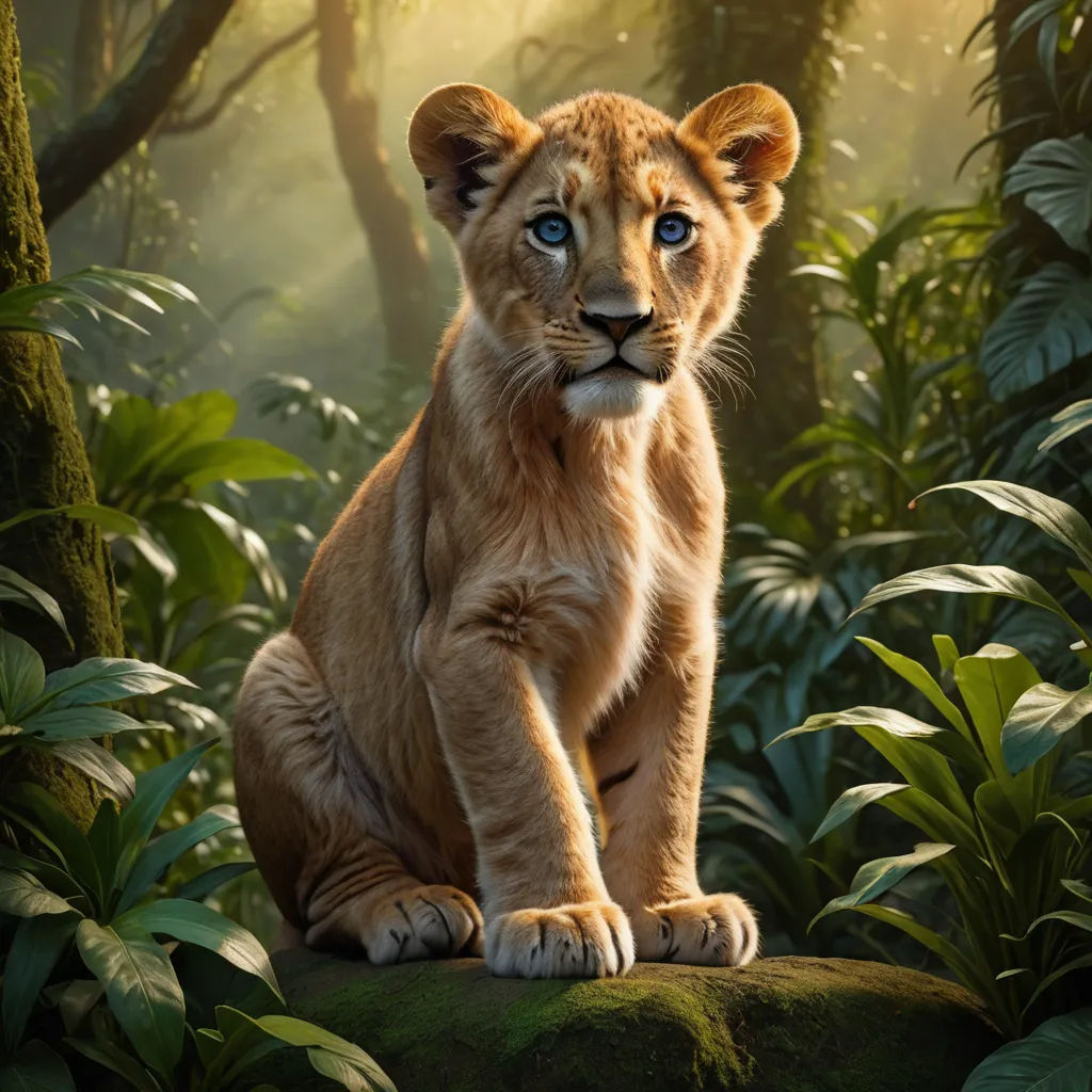 a young lion cub sitting on a rock in a jungle setting with sunlight streaming through the trees and foliage, photorealism, a poster, Edward George Handel Lucas, promotional image