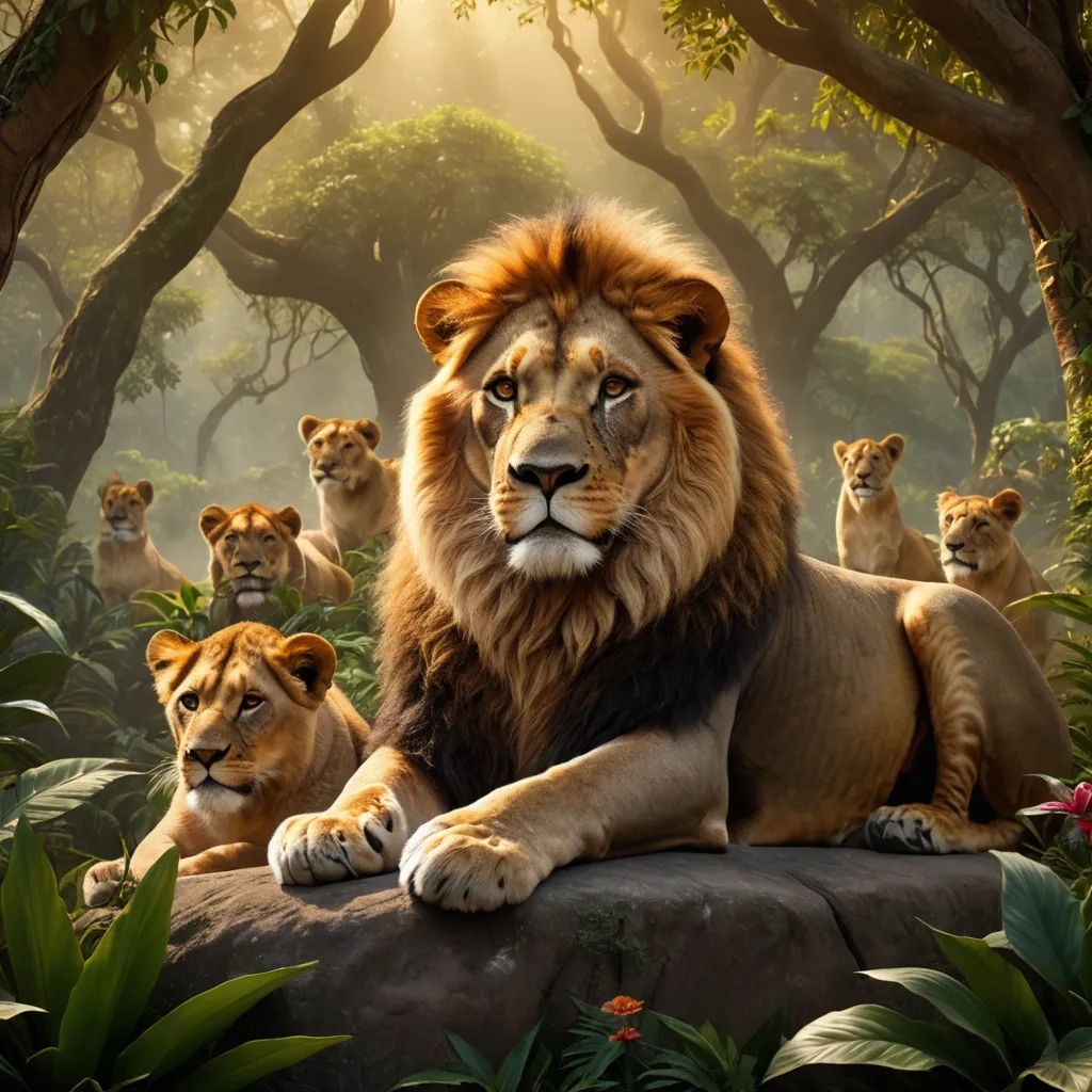 a group of lions sitting on top of a rock in a forest with trees and bushes behind them,, sots art, a matte painting, Chris LaBrooy, photoreal