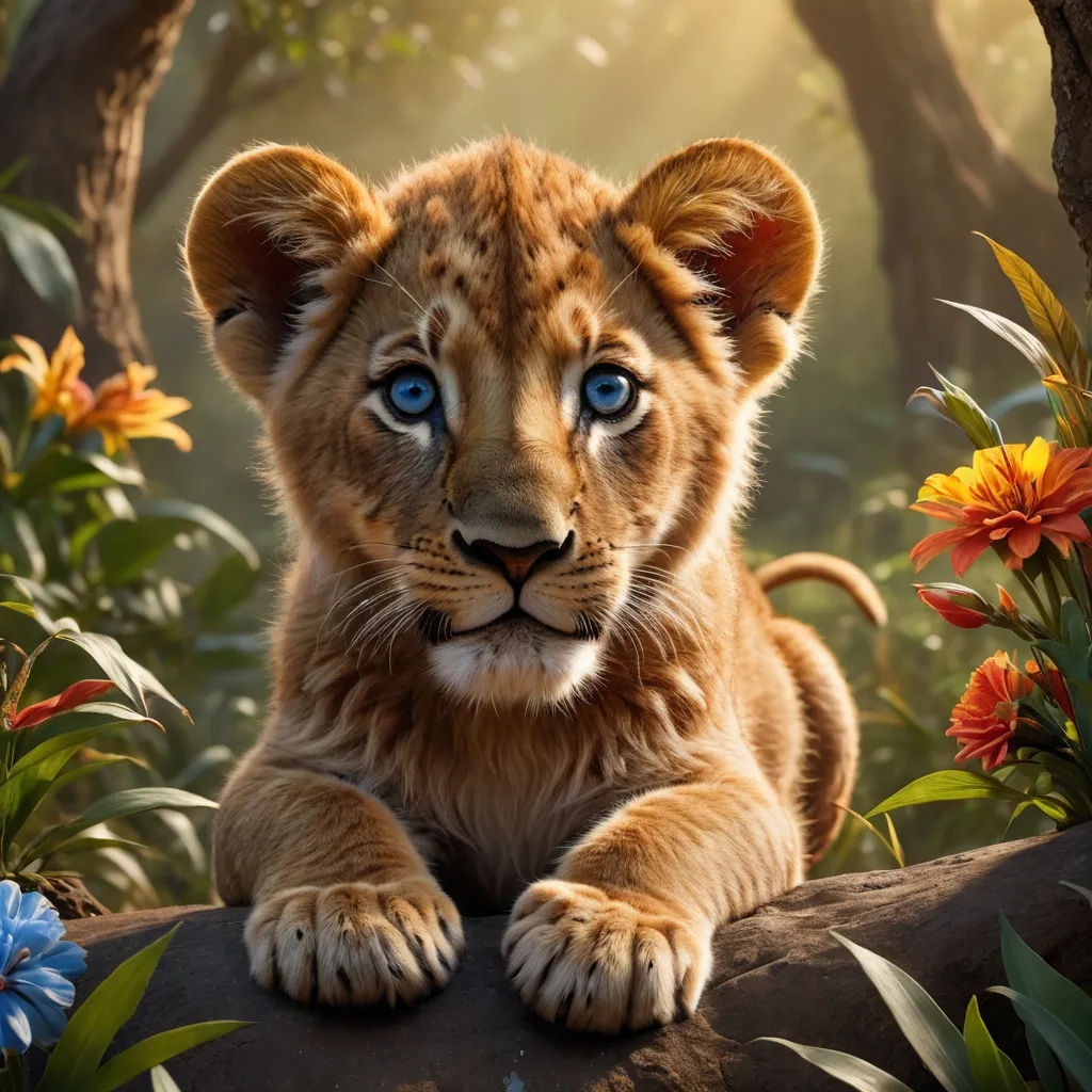 a young lion cub sitting on a rock in a jungle with flowers and trees in the background and sunlight streaming through the leaves, furry art, a poster, Edward George Handel Lucas, promotional image