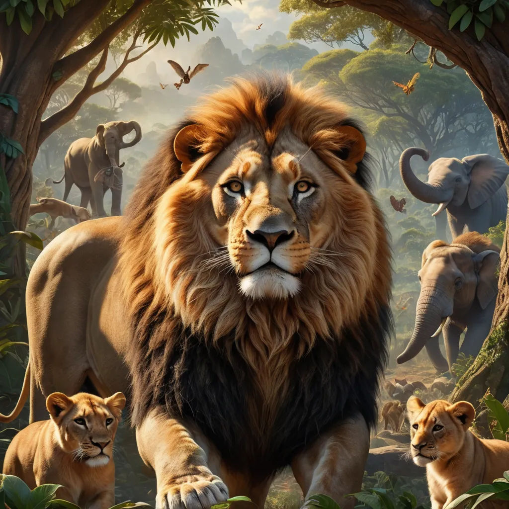 a lion and two cubs in a jungle scene with elephants and other animals in the background, with a backdrop of trees and bushes, sumatraism, a poster, Chris LaBrooy, highly detailed digital painting