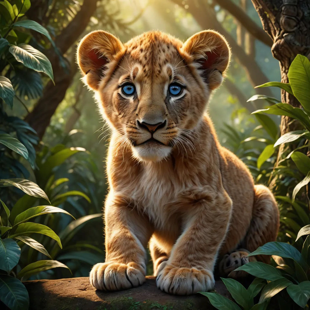 a young lion cub sitting on a rock in a jungle setting with blue eyes and a green leafy background, photorealism, a poster, Edward George Handel Lucas, promotional image