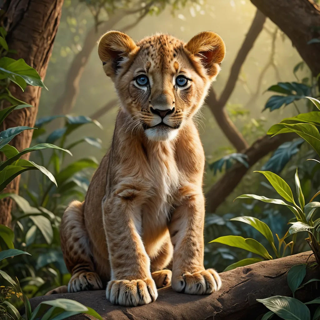 a young lion cub sitting on a tree branch in a jungle setting with sunlight streaming through the trees and foliage, photorealism, a poster, Edward George Handel Lucas, promotional image