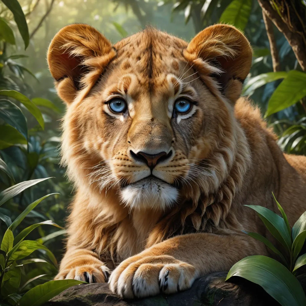 a lion with blue eyes laying on a rock in the jungle with leaves and plants around it, looking at the camera, photorealism, a poster, Edward George Handel Lucas, photoreal
