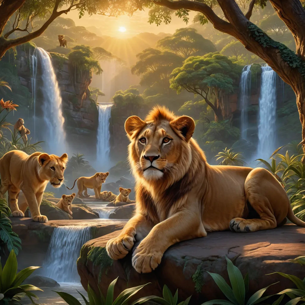 a painting of a lion laying on a rock in front of a waterfall with other lions in the background, fantasy art, an airbrush painting, Chris LaBrooy, photoreal