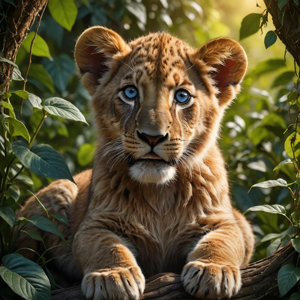 a young lion cub sitting on a branch in the jungle with blue eyes and a bushy background, with leaves and branches, photorealism, a photorealistic painting, Daniel Lieske, animal photography