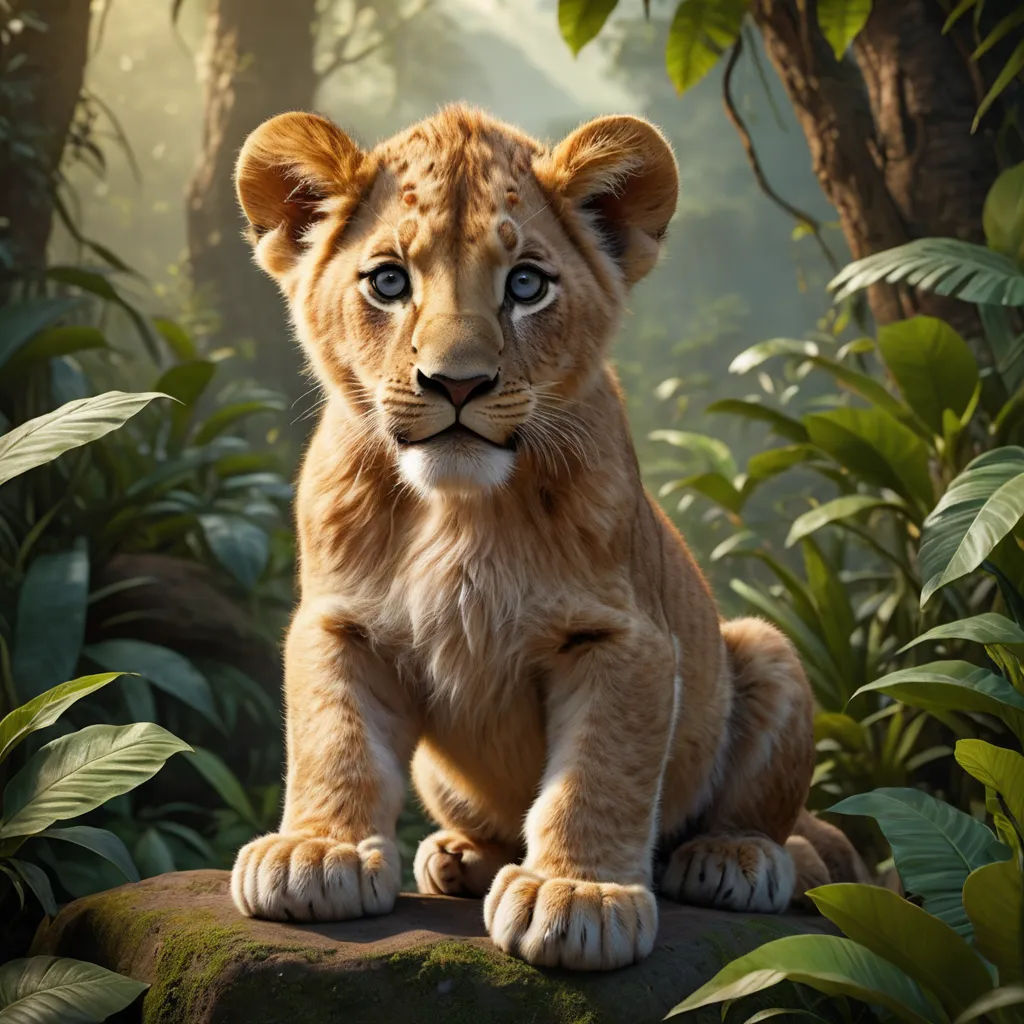 a young lion cub sitting on a rock in a jungle setting with trees and foliage around it, looking at the camera, photorealism, a poster, Edward George Handel Lucas, promotional image