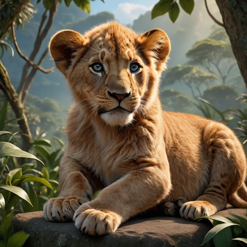 a young lion cub sitting on a rock in a jungle setting with trees and bushes in the background, with a blue - eyed, blue - eyed, blue - eyed, blue - eyed,,,,,,,, photorealism, a poster, Edward George Handel Lucas, promotional image