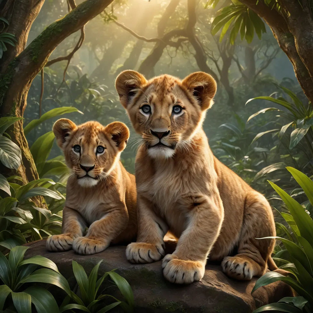 two young lions sitting on a rock in a jungle setting with sunlight streaming through the trees and foliage behind them, photorealism, a detailed matte painting, Brothers Hildebrandt, wildlife photography