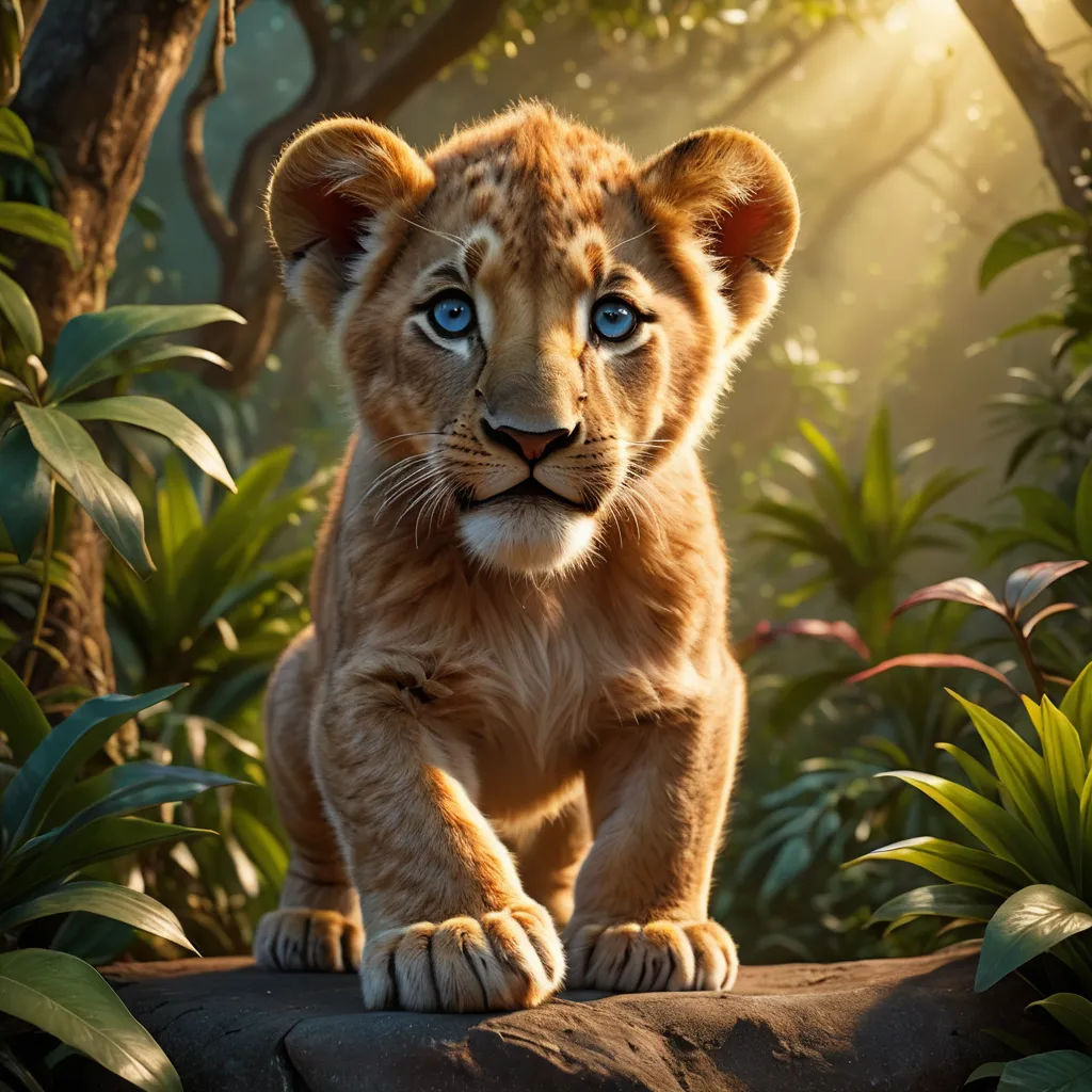 a young lion cub standing on a rock in a jungle setting with sunlight streaming through the trees and foliage, photorealism, a poster, Edward George Handel Lucas, promotional image