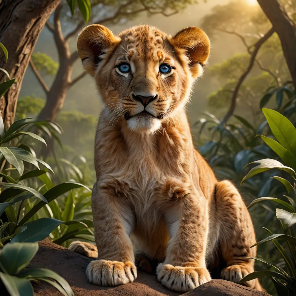 a young lion cub sitting on a rock in a jungle setting with trees and foliage in the background, with a bright blue eye, photorealism, a poster, Edward George Handel Lucas, promotional image